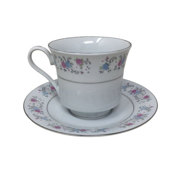 F.T.D.A 1987 Teacup and Saucer Set with Pink/Blue Flowers printed on both - Picture 1 of 5